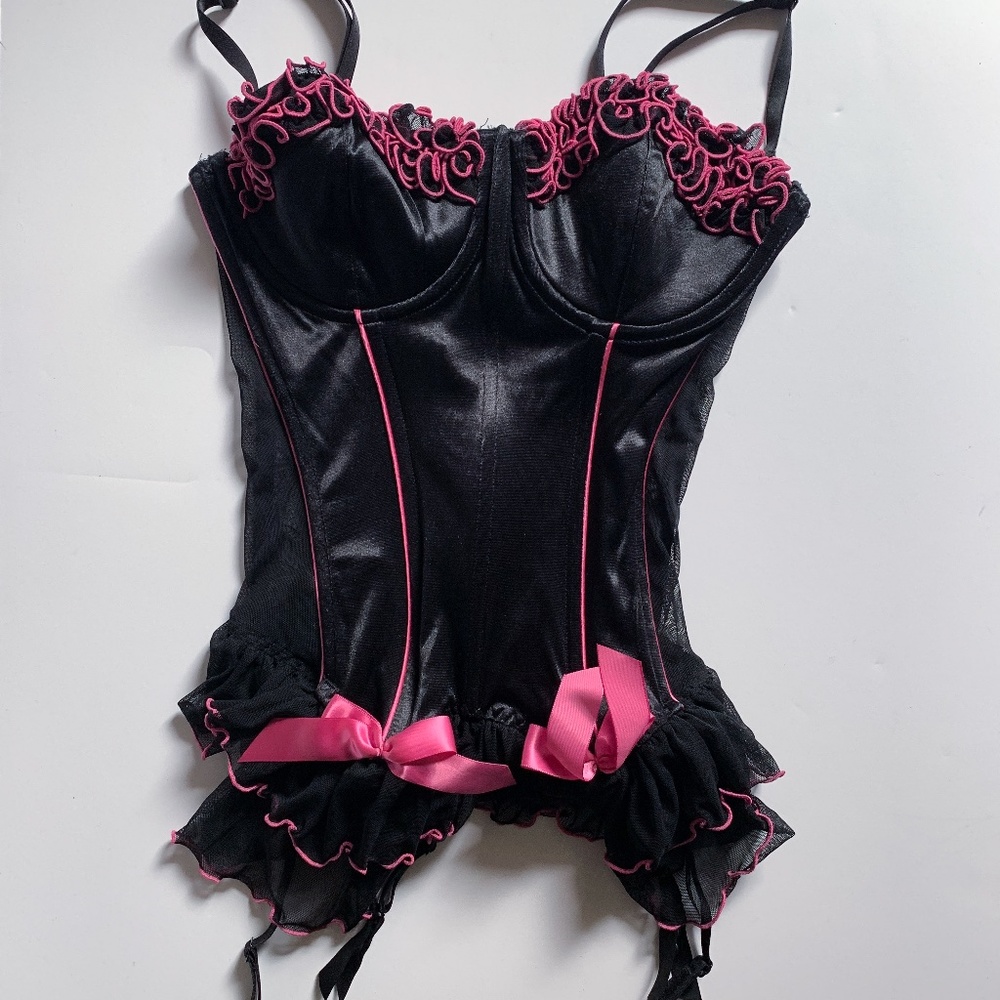 Frederick's of Hollywood Black Mesh Corset Garters Lingerie | 36